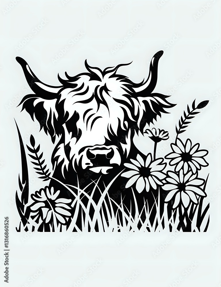 Obraz premium Black silhouette of Highland cow head among wildflowers and grass, artistic monochrome design on white background, ready for cutting and printing projects.