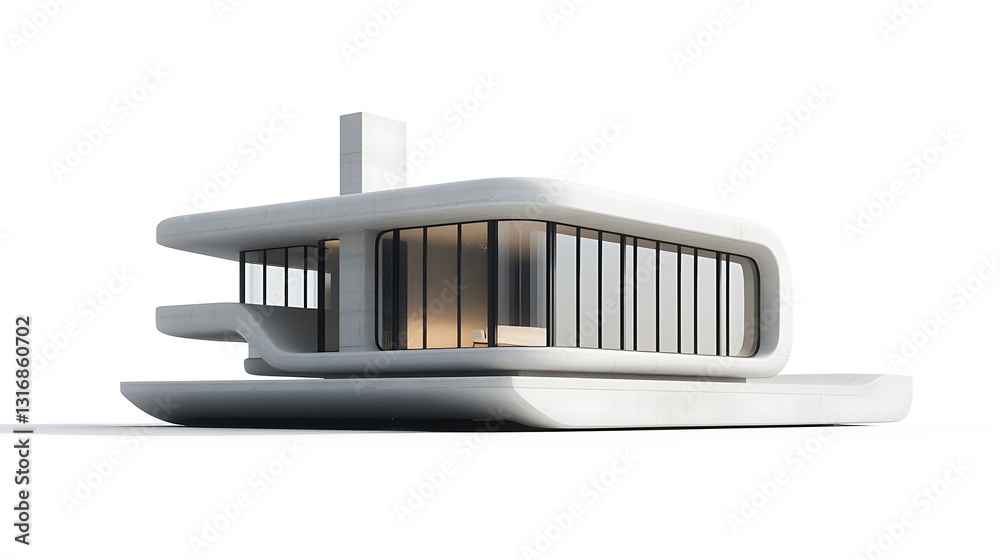 Modern, minimalist concrete house with large windows and curved design, isolated on white background. Modern, minimalist concrete house with large windows and curved design, isolated on white background.