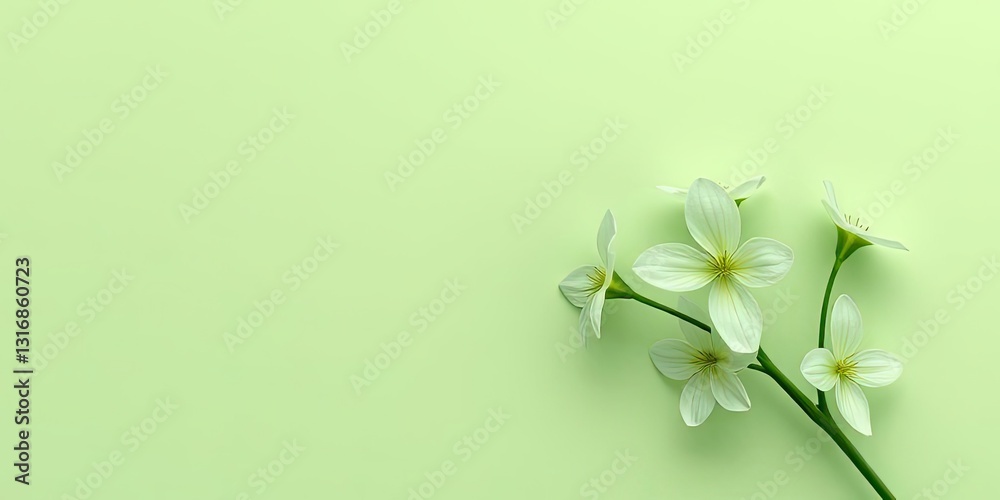 Fototapeta premium Springtime Delicate White Flowers on Pastel Green Background