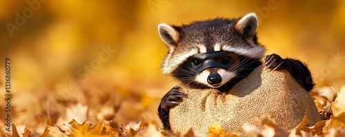 Bandit Raccoon in Autumn Leaves Amusing Thief with Mask Mischief Furry Creature in Burlap Sack Humor