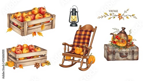 Autumn Harvest Apples Pumpkins Rocking Chair Vintage Crate Lantern Kettle