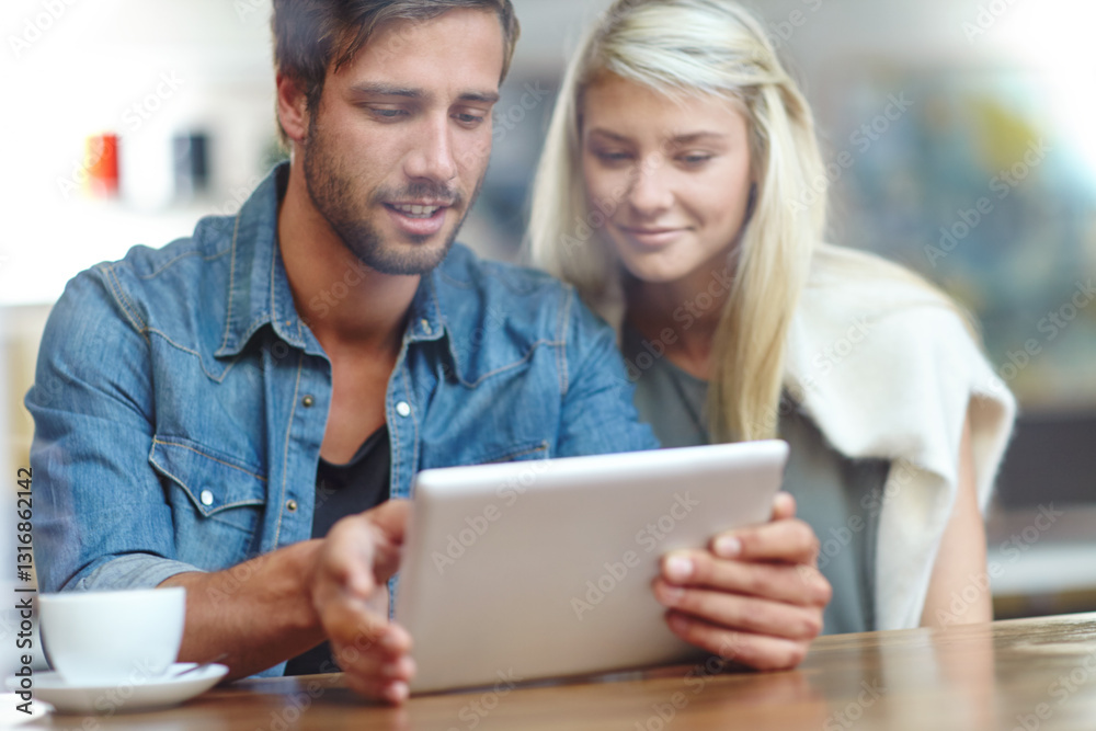 Coffee shop, couple and smile with tablet for menu, breakfast choice and bonding together on date. Cafe, woman and man with conversation for application, online order and review for customer service Coffee shop, couple and smile with tablet for menu, breakfast choice and bonding together on date. Cafe, woman and man with conversation for application, online order and review for customer service
