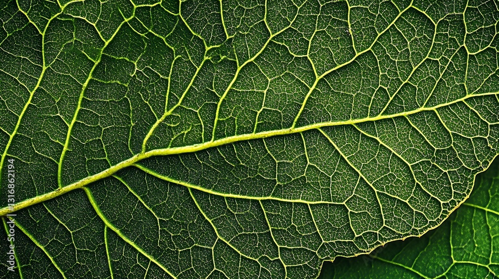 Fototapeta premium Close-up of a green leaf showcasing its intricate vein structure and texture.