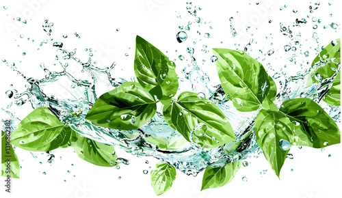 Fresh green leaves, splashing water, nature, clean foliage, water droplets, vibrant leaves, natural beauty, refreshing splash, greenery, healthy plants, water splashes, eco-friendly
