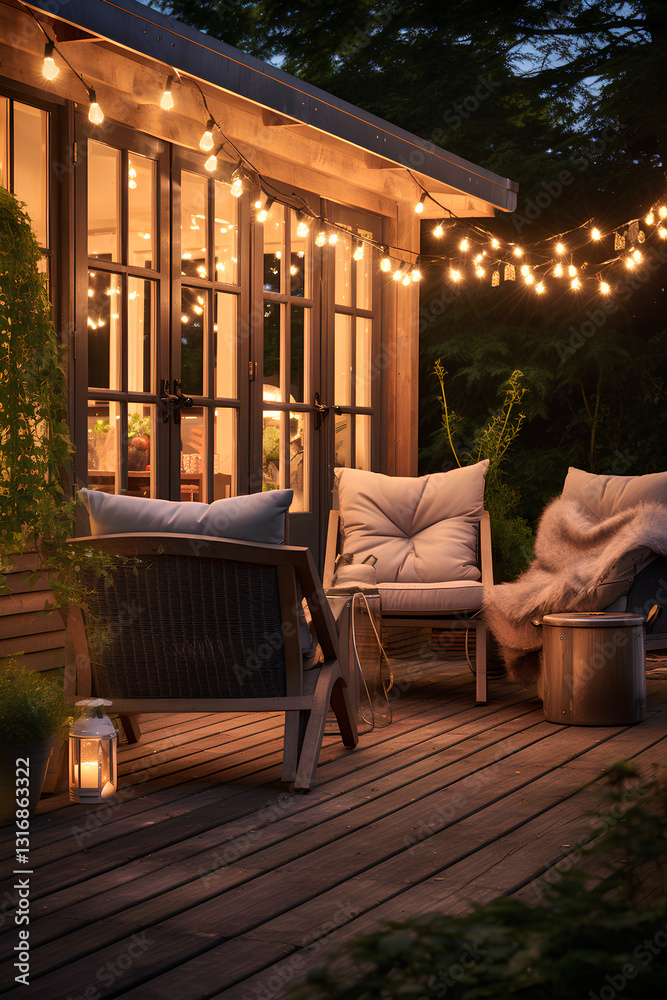 Fototapeta premium Garden Decking Area with Festoon Lights and Comfy Chairs