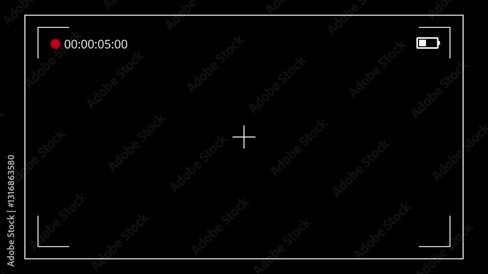 Simple video camera or DSLR mobile phone recording mode screen with record tally light, battery level indicator icon and composition frame and centre point crosshair with transparent background [4K[