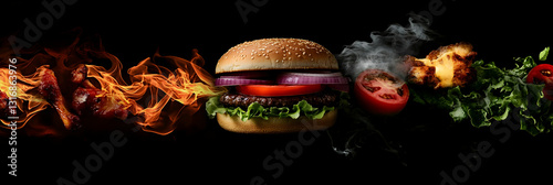 Wallpaper Mural juicy hamburger with lettuce, tomato, and cheese is surrounded by flames against a black background Torontodigital.ca