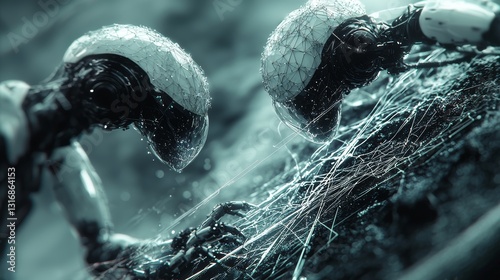 Silver nanowire closeup with robots assembling segments high detail photo