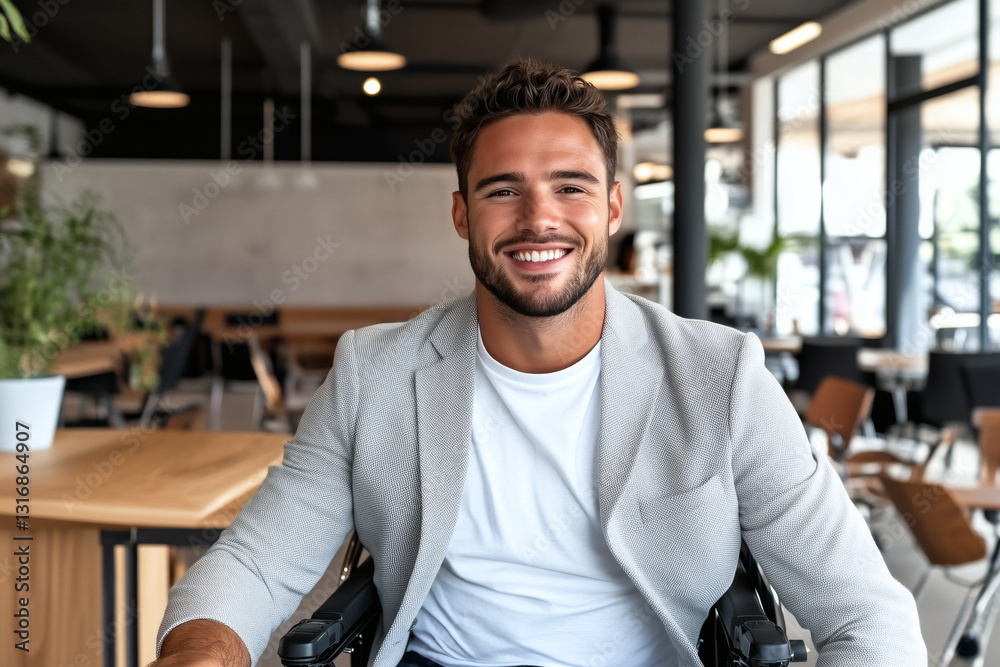 Obraz premium Smiling man in wheelchair in modern work environment