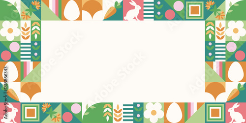 Wielkanocny baner z mozaiką z świątecznymi symbolami. Wiosenny geometryczny wzór z królikiem, jajkami i kwiatami.