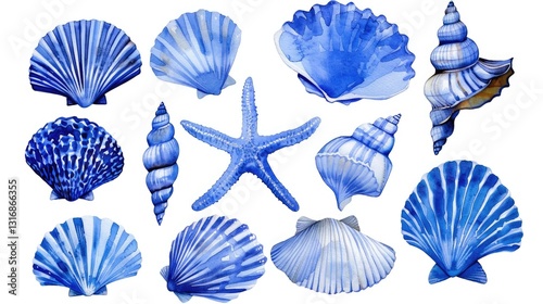 A sheet of watercolor stickers featuring various shades and types of blue seashells