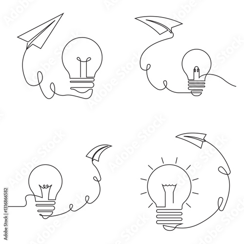 Paper plane flying up connected with light bulb in continuous one line drawing.