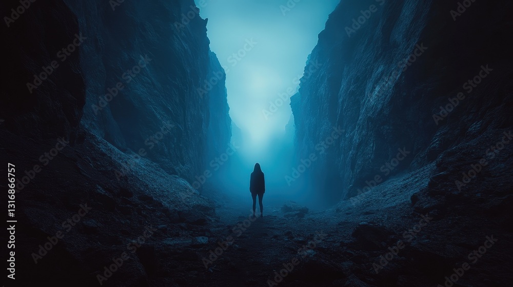Obraz premium Enigmatic rocks emerge from shadows as a faint blue glow beckons mysteriously, crafting an otherworldly scene of intrigue and wonder