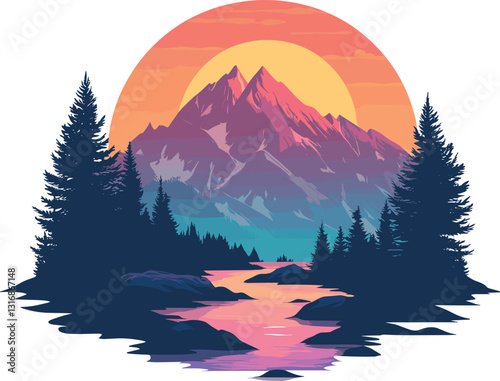 Mountain landscape at sunset with a river and trees icon for t-shirt design isolated on a white background, Flat style cartoon vector illustration