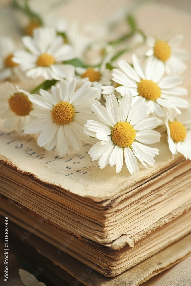 Obraz premium Chamomile blooms pressed into the pages of an antique book, romantic and nostalgic