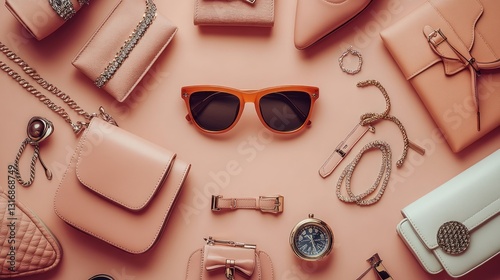 Stylish feminine accessories, flat lay, coral background, gifts, jewelry