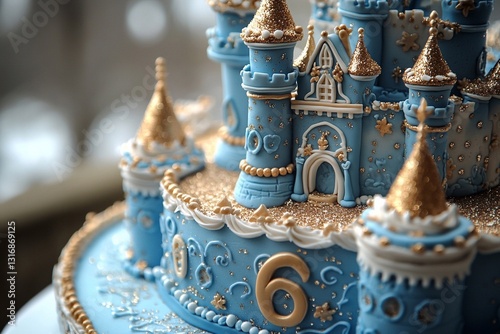 Beautiful blue castle cake with golden accents for a child's sixth birthday celebration