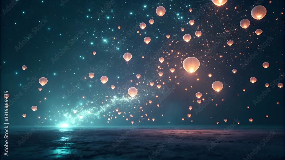 Illuminated Sky Lanterns Over Water Illuminated Sky Lanterns Over Water