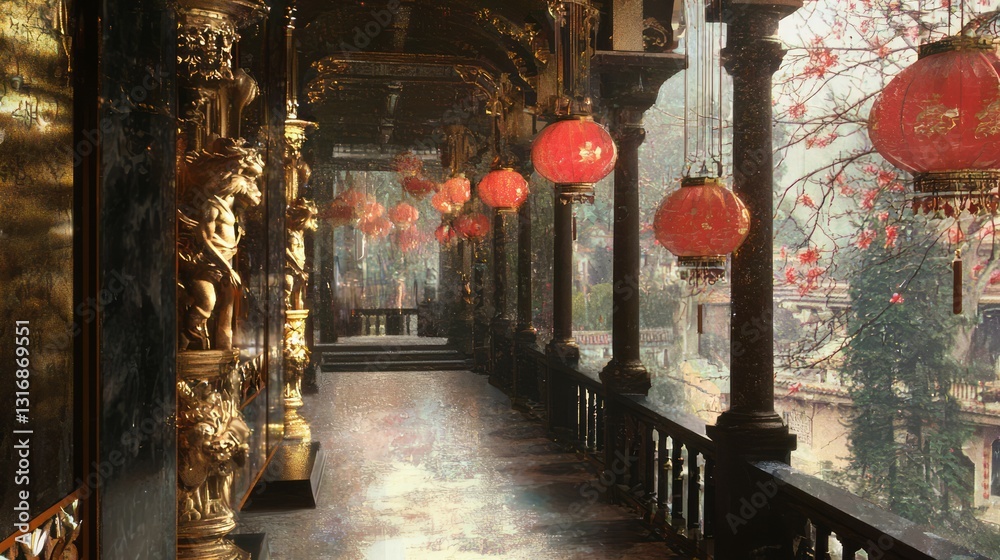 Fototapeta premium Elegant Veranda with Lanterns and Lush Overhanging Foliage