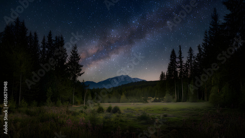 A tranquil forest clearing under a starry night with a distant mountain range.