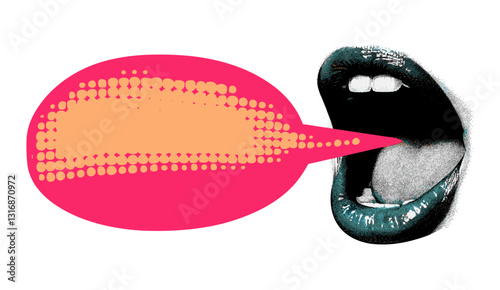 Pop art vector, halftone collage, shouting mouth, speech bubble banner, urban 90s style, retro magazine design, isolated illustration, copy space, comic style, modern art