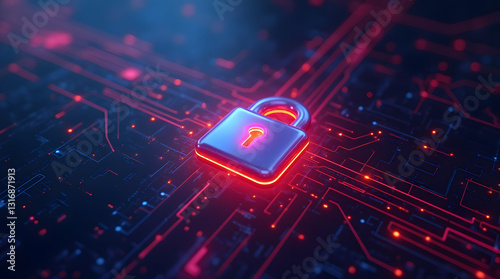 A vibrant glowing chrome  lock symbol on a digital background, representing cybersecurity and data protection in a futuristic technology environment. Illuminated with neon colors