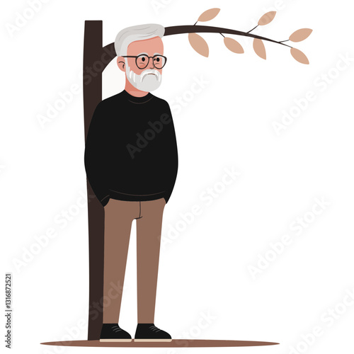 
happy old man , Under a Tree, minimal design, no eyes, faceless design, simple flat illustration