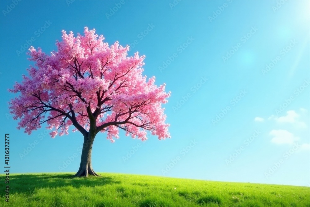 A solitary blossoming tree graces a vibrant green meadow under a serene, bright blue sky A solitary blossoming tree graces a vibrant green meadow under a serene, bright blue sky