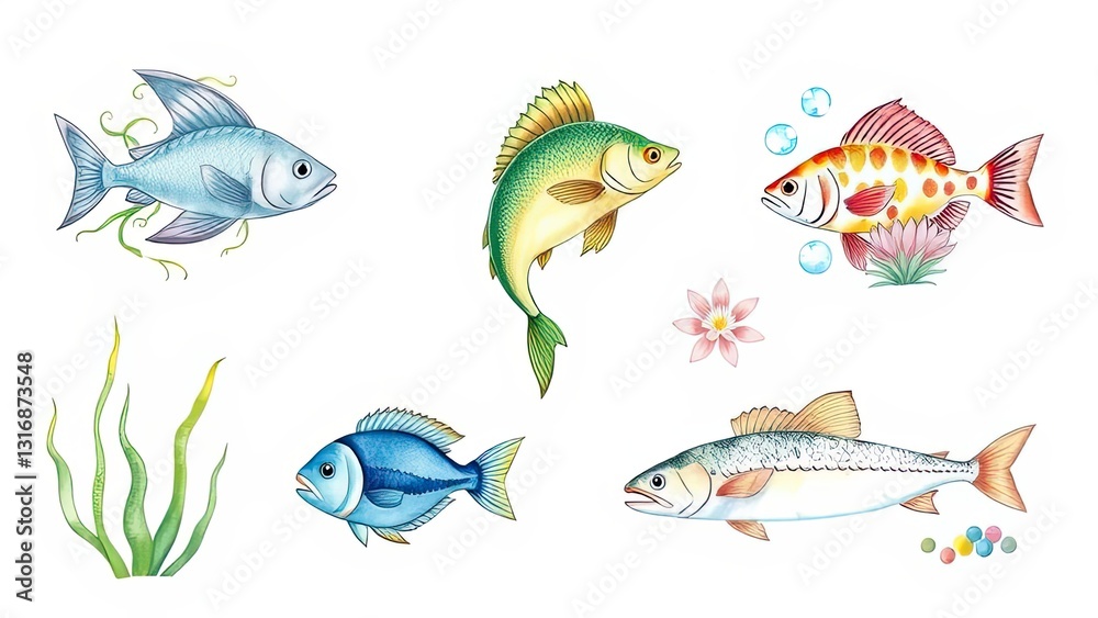 Fototapeta premium Colorful Fish Illustration Aquatic Life Marine Animals Underwater Scene