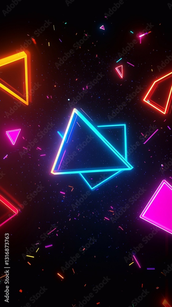 Naklejka premium Vibrant neon triangles create dynamic patterns in a dark atmosphere