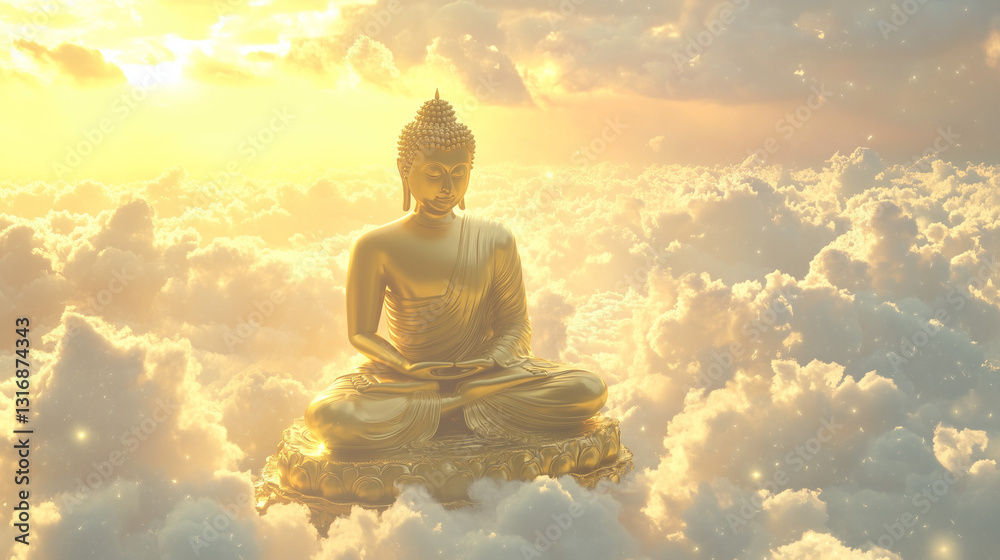Vesak Celebration: Honoring Buddha's Birth, Enlightenment, and Nirvana with a Majestic Golden Buddha Floating in the Sky Vesak Celebration: Honoring Buddha's Birth, Enlightenment, and Nirvana with a Majestic Golden Buddha Floating in the Sky