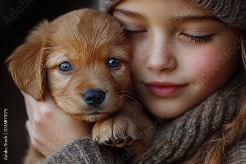 Young girl embraces a golden retriever puppy with warmth and affection in a cozy setting