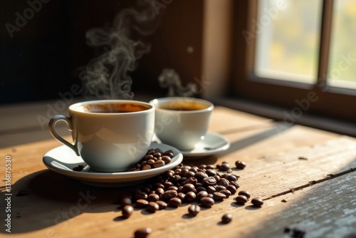Aromatic Steam Rising from Two Cups of Freshly Brewed Coffee Beans on Rustic Wooden Table