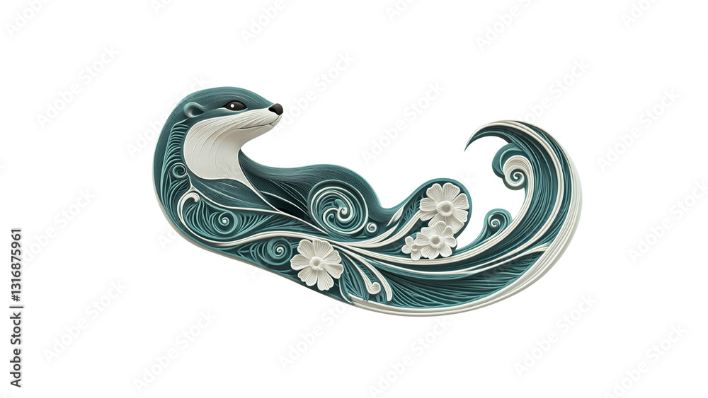 Naklejka premium Ornate Papercut Otter in Teal and White Floral Design