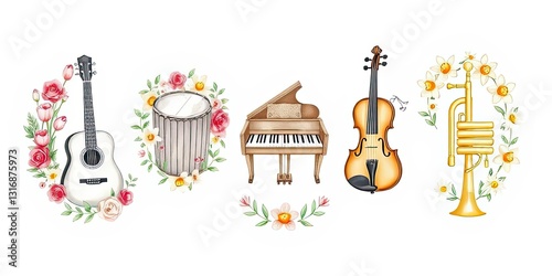 Floral Musical Instruments Guitar Piano Violin Trumpet Drum