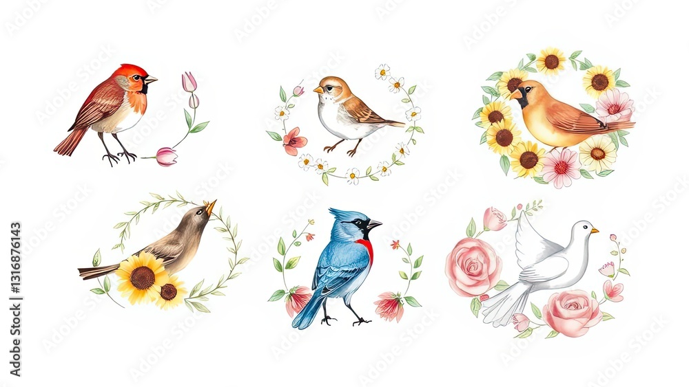Obraz premium Watercolor Birds Floral Wreaths Spring Summer Nature Animals Wildlife Flowers Sunflowers Roses