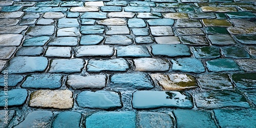 Wet cobblestone street, perspective view