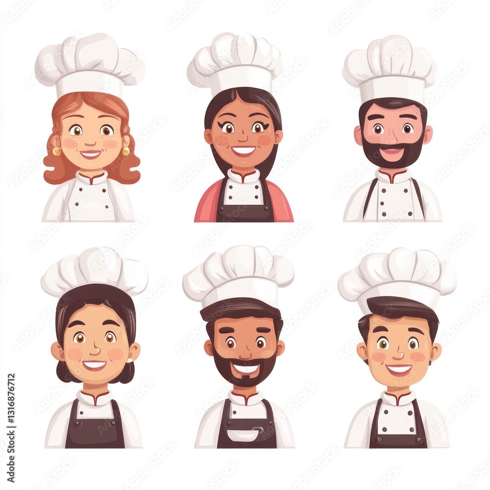Smiling People Closeup Portrait Set Cute Cartoon cooks Male and Female Avatars Multi-ethnic Man and Woman Faces Isolated on White Background Smiling People Closeup Portrait Set Cute Cartoon cooks Male and Female Avatars Multi-ethnic Man and Woman Faces Isolated on White Background