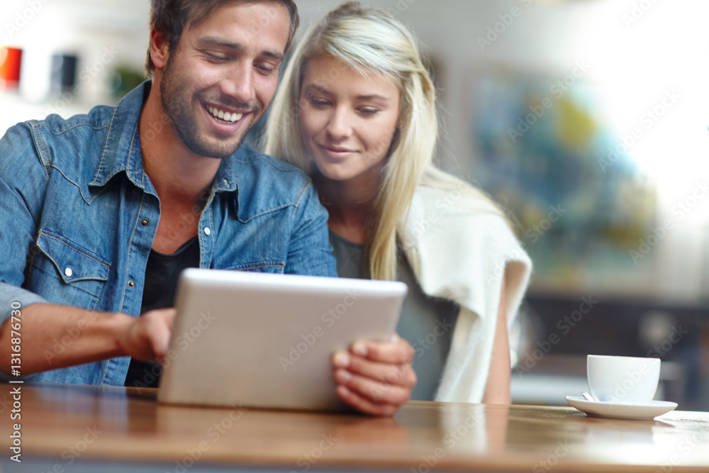 Cafe, couple and smile with tablet for menu, breakfast choice or bonding together in relationship. Coffee shop, woman and man on date with application, online order and survey for customer experience Cafe, couple and smile with tablet for menu, breakfast choice or bonding together in relationship. Coffee shop, woman and man on date with application, online order and survey for customer experience