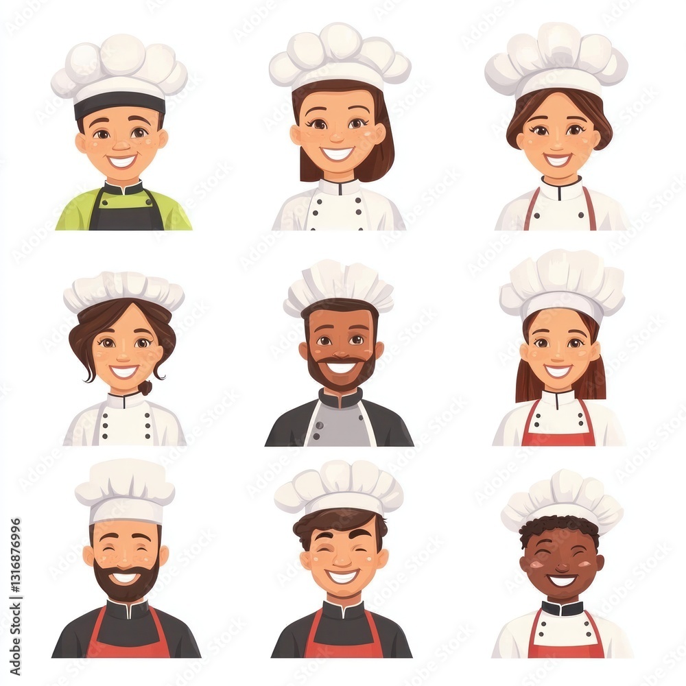 Smiling People Closeup Portrait Set Cute Cartoon cooks Male and Female Avatars Multi-ethnic Man and Woman Faces Isolated on White Background Smiling People Closeup Portrait Set Cute Cartoon cooks Male and Female Avatars Multi-ethnic Man and Woman Faces Isolated on White Background