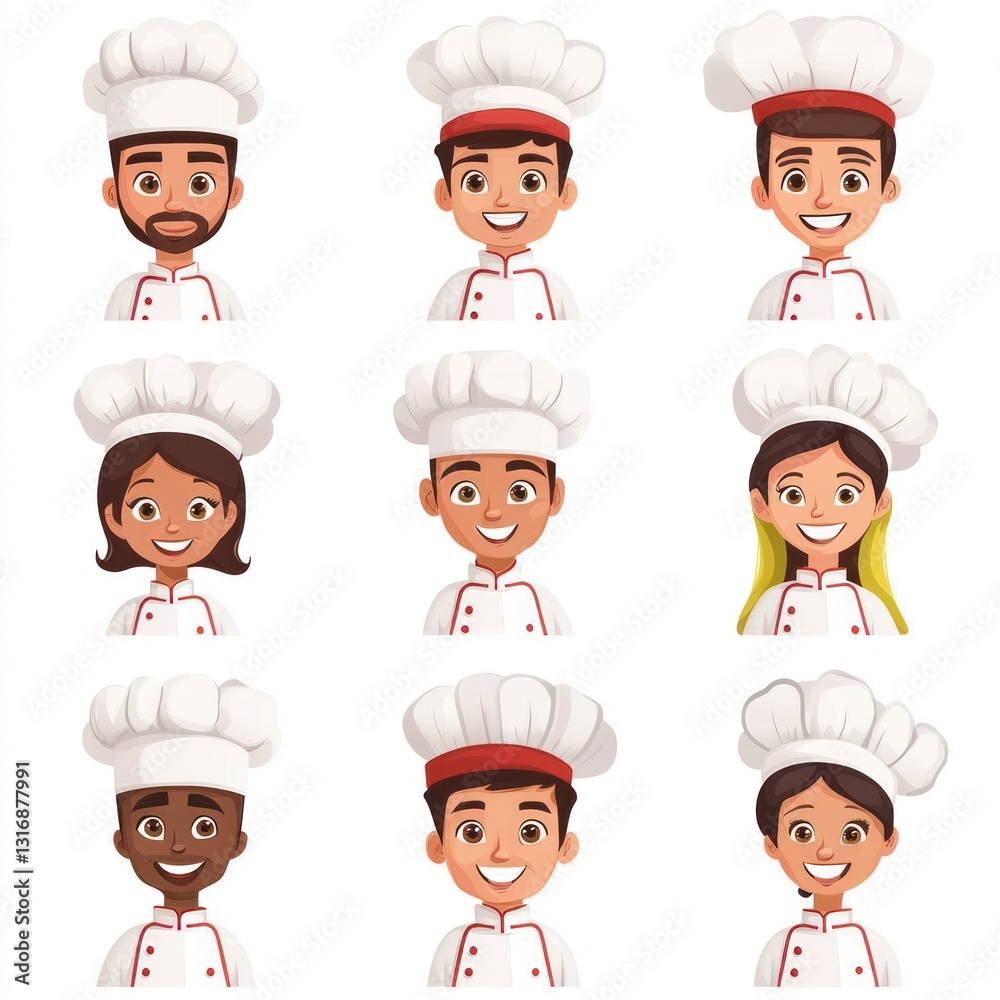 Smiling People Closeup Portrait Set Cute Cartoon cooks Male and Female Avatars Multi-ethnic Man and Woman Faces Isolated on White Background Smiling People Closeup Portrait Set Cute Cartoon cooks Male and Female Avatars Multi-ethnic Man and Woman Faces Isolated on White Background