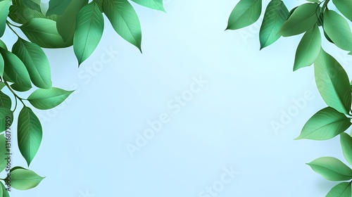 Green Leaves Frame on Light Blue Background