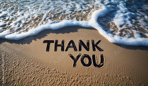 Ocean Wave Gently Washing Away Thank You Message Written in Sand on Beach