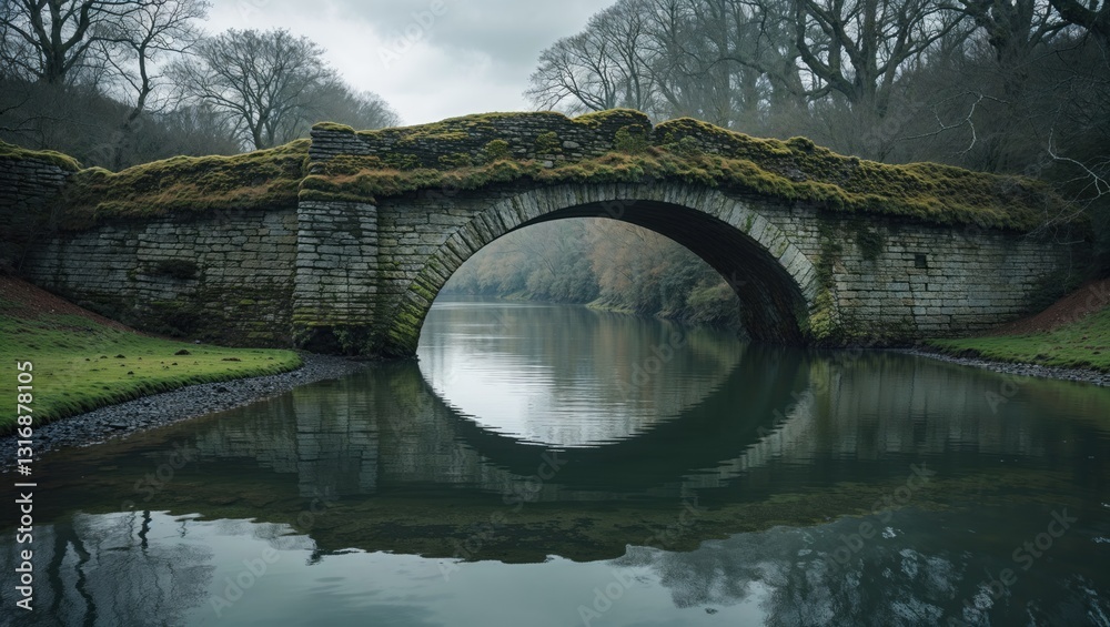 Fototapeta premium A moss-covered stone bridge arches over a calm river, reflecting the surrounding trees.