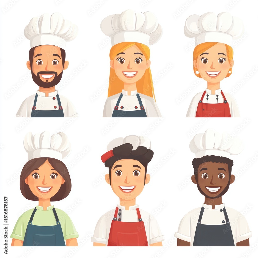 Smiling People Closeup Portrait Set Cute Cartoon cooks Male and Female Avatars Multi-ethnic Man and Woman Faces Isolated on White Background Smiling People Closeup Portrait Set Cute Cartoon cooks Male and Female Avatars Multi-ethnic Man and Woman Faces Isolated on White Background