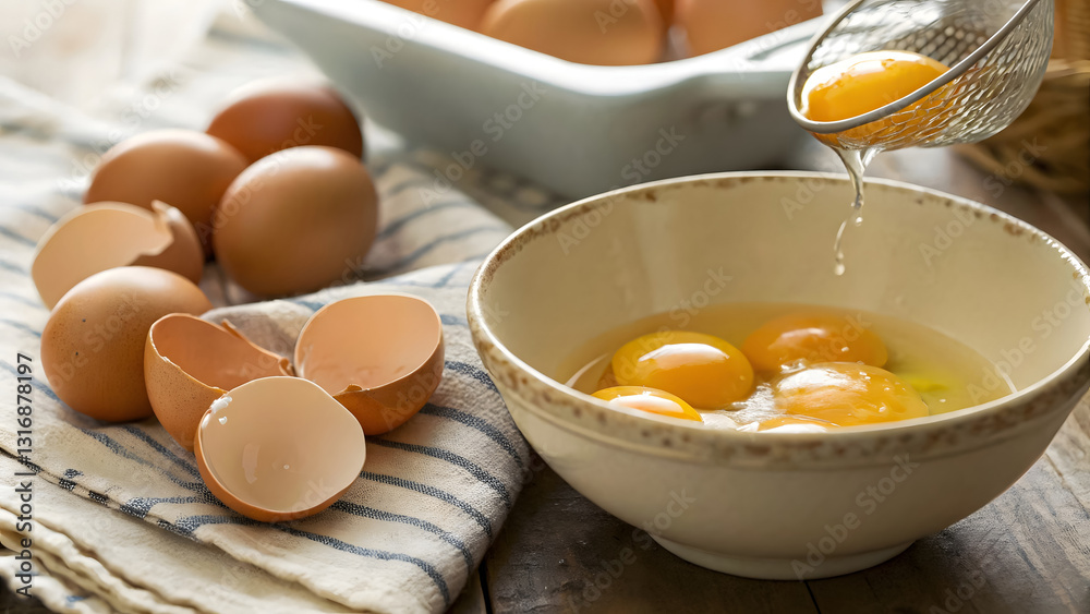 Fresh farm eggs being separated in a rustic kitchen setting, perfect for baking and cooking. Fresh farm eggs being separated in a rustic kitchen setting, perfect for baking and cooking.