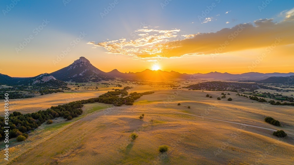 Sunset over a serene mountainous landscape. Sunset over a serene mountainous landscape.