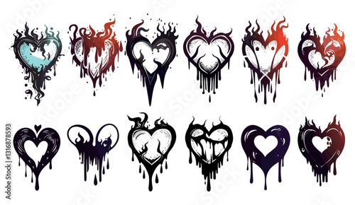 Gothic heart tattoo vector, dripping heart tattoo prints, graffiti rock flame shape kit, Valentine punk retro sticker collection, abstract love logo concept, neotribal goth web decoration