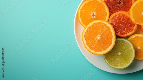 Wallpaper Mural Vibrant citrus fruits on a teal background plate. Torontodigital.ca