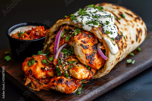Buffalo chicken naan with crispy onions, ranch dressing, and spicy kimchi side, a flavorful fusion of bold and spicy ingredients for a unique meal experience